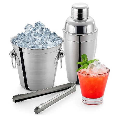 Kit Bar Inox Completo: Coqueteleira, Balde e Pegador - 3 Peças