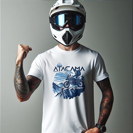Camiseta branca ATACAMA motociclista viagem de moto bmw yamaha honda triumph royal enfield camisa