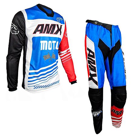 Conjunto Calça Camisa Trilha Amx Prime Motocross Azul Branco - Track54