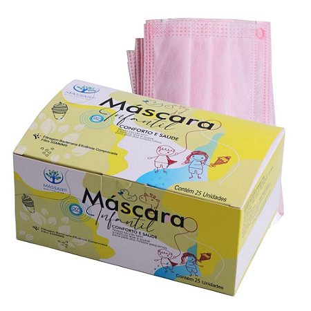 Máscara Tripla Descartável Infantil Rosa Massar cx 25