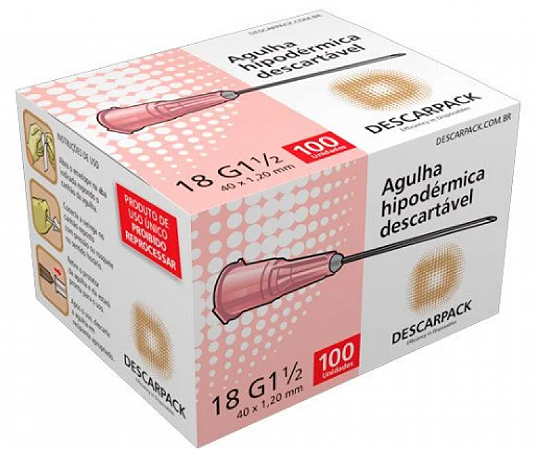 Agulha Hipodérmica Descartável 40x1,20mm (18G 1 1/2) com 100 unidades