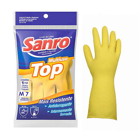 Luva Látex Limpeza Tam P Top Sanro Amarela C.A 40044 para Limpeza par
