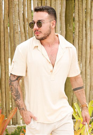 Camisa Viscolinho Botão Marfim