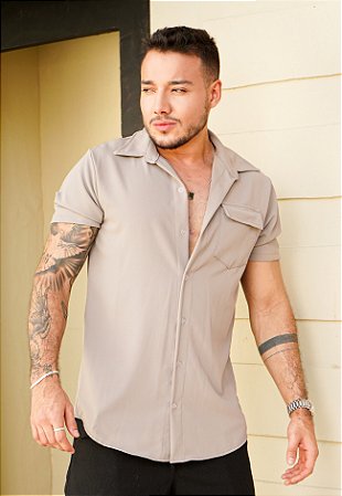 Camisa Bolso Tricoline Cinza