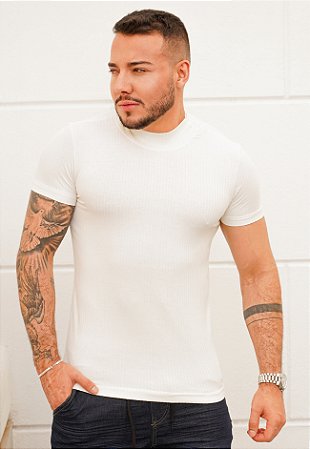 Camiseta Canelada Gola Média Off White