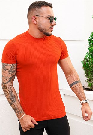 Camiseta Canelada Gola Média Terracota