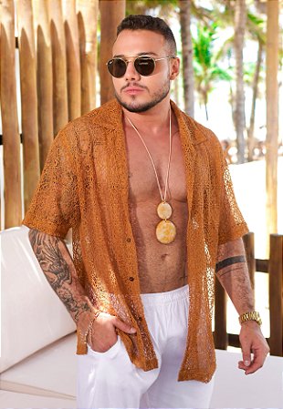 Camisa Renda Vazada Oversized Ferrugem