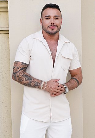 Camisa Bolso Tricoline Bege