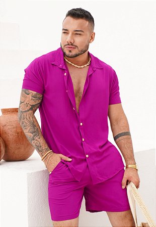Conjunto Viscose Botão Madeira Fúcsia