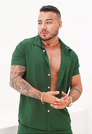Camisa Viscose Botão Madeira Verde Militar