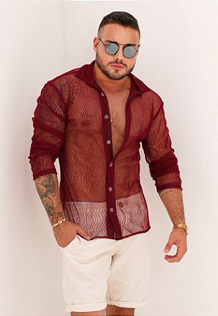 Camisa Manga Longa Renda Vermelho Marsala