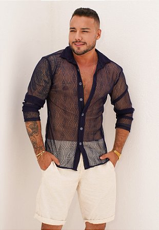 Camisa Manga Longa Renda Azul Marinho