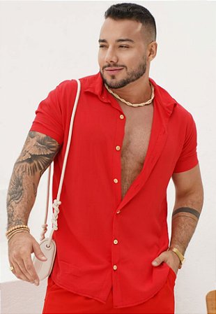 Camisa Viscose Botão Madeira Vermelha