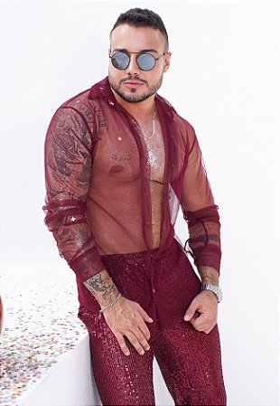 Camisa Tule Manga Longa Vermelho Marsala
