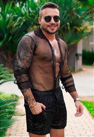 Camisa Tule Manga Longa Preta
