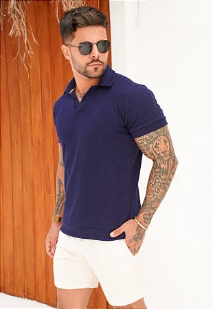 Camiseta Polo Texturizada Azul Marinho