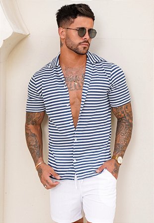 Camisa Tricot Listrada Azul