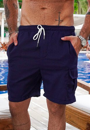 Shorts Cargo Linho Azul Marinho