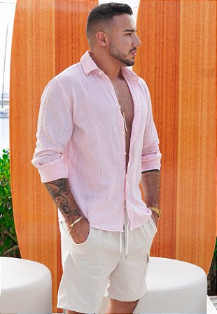 Camisa Manga Longa Linho Rosa Bebê