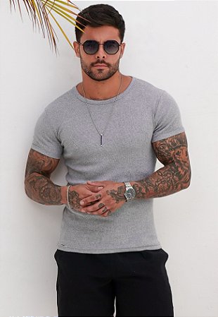 Camiseta Básica Ribana Cinza Mescla