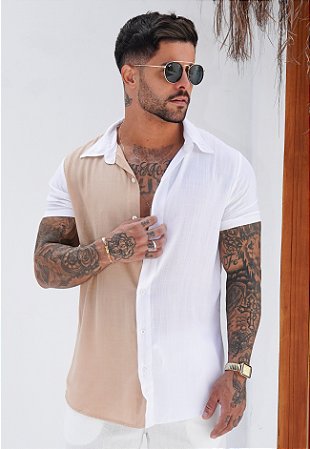 Camisa Viscolinho Bicolor Bege