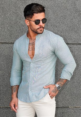 Camisa Gola Padre Linho Verde Água
