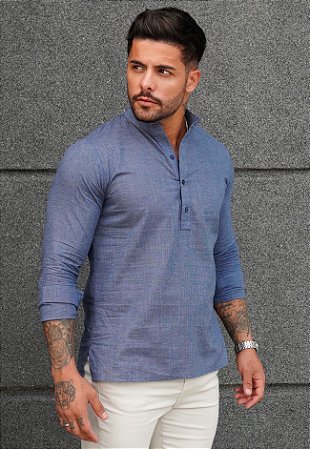 Bata Linho Manga Longa Azul