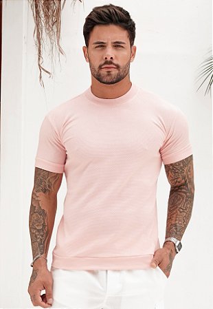 Camiseta Gola Média Texturizada Rosa Bebê