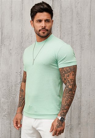 Camiseta Gola Média Texturizada Verde Água