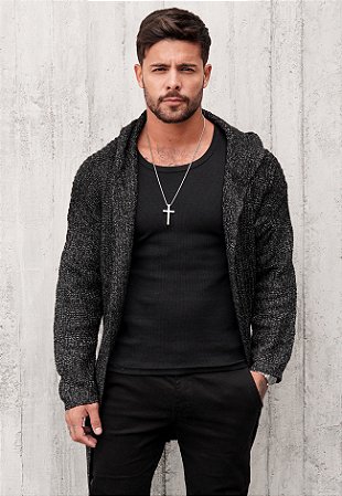 Cardigan Sobretudo Tricot De Lã Preta