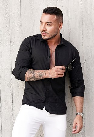 Camisa Manga Longa Tricoline Preta