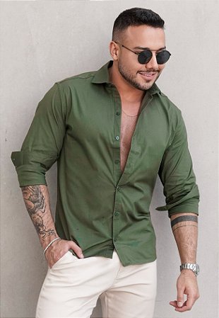 Camisa Manga Longa Tricoline Verde Militar