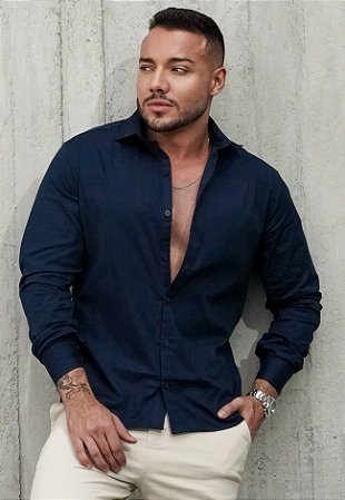 Camisa Manga Longa Tricoline Azul Marinho