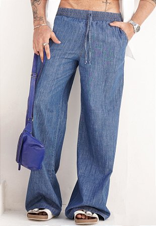 Calça Pantalona Lavagem Jeans Clara