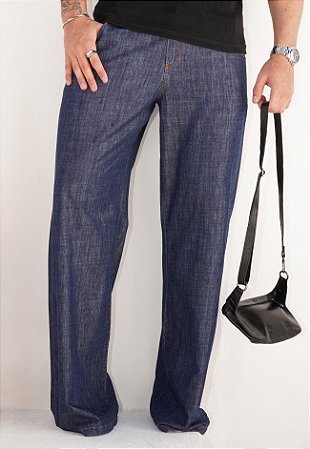 Calça Pantalona Lavagem Jeans Escura