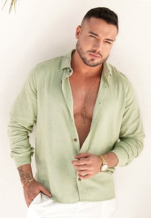 Camisa Manga Longa Linho Verde Menta