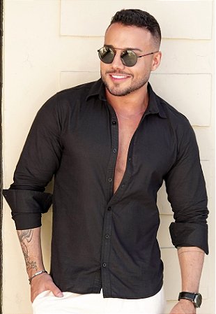 Camisa Linho Manga Longa Preta