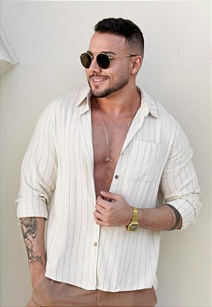 Camisa Linho Manga Longa Listrada