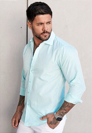 Camisa Manga Longa Tricoline Verde Água