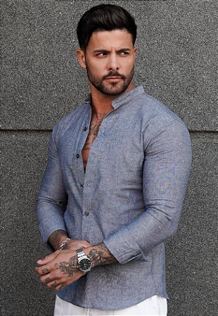 Camisa Linho Gola Padre Azul Jeans