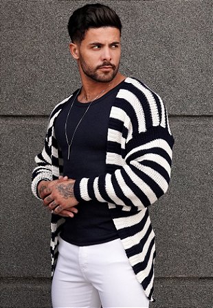 Cardigan Tricot Listrado Azul Marinho