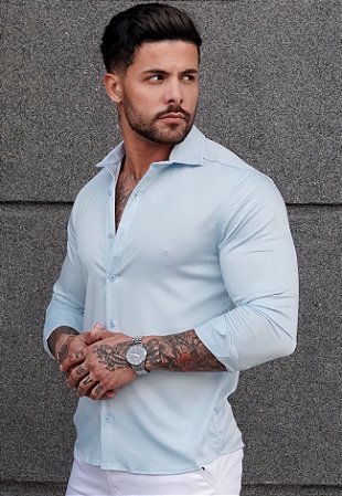 Camisa Social Acetinada Azul Bebê