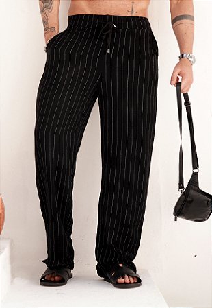 Calça Linho Risca De Giz Preta