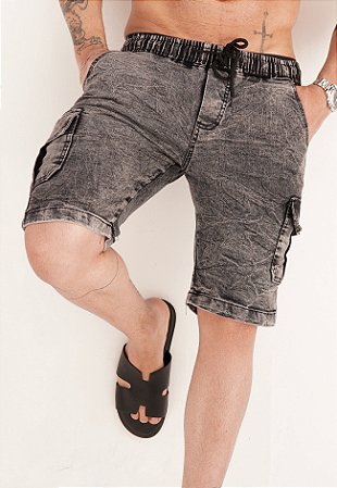 Bermuda Jeans Cargo Estonada Preta