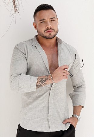 Camisa Manga Longa Linho Cinza Mescla