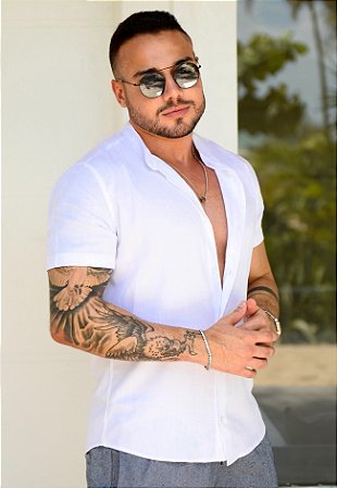 Camisa Viscolinho Gola Padre Branca