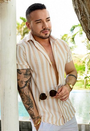 Camisa Linho Listrada Bege