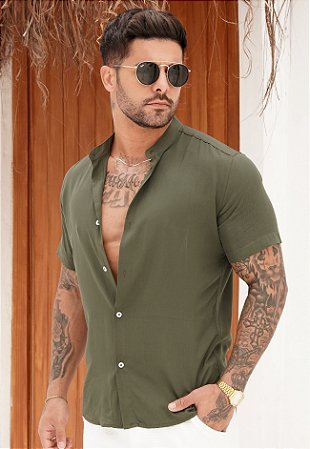Camisa Viscolinho Gola Padre Verde Musgo