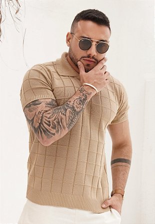 Camiseta Tricot Quadriculada Bege