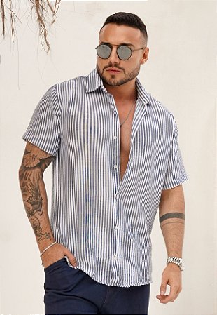 Camisa Linho Listrada Azul Jeans